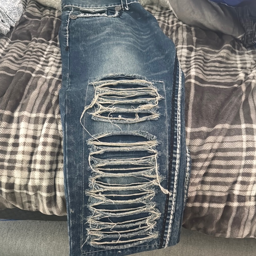 True Religion Blue Denim Shorts with White Stitching